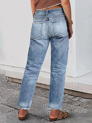 Flamingals Straight Leg Crop Jeans for Women Wash Raw Hem Mid Waist Jeans in Saudi Arabia