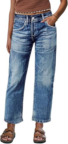 Flamingals Straight Leg Crop Jeans for Women Wash Raw Hem Mid Waist Jeans in Saudi Arabia