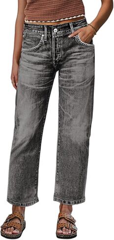 Flamingals Straight Leg Crop Jeans for Women Wash Raw Hem Mid Waist Jeans in Saudi Arabia