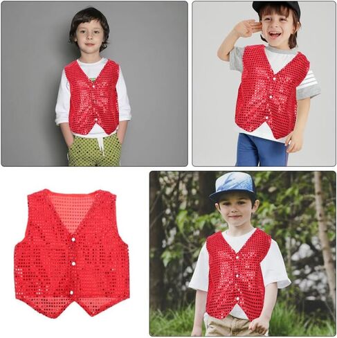 Shiny Sequin Vest for Boy Girl Stylish Costume Waistcoat for Jazz Dance Performance Red Glitter Vest for Boys and Girls for Height Breathable and Comfortable Design in Saudi Arabia
