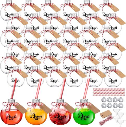 Baderke 30 Pcs 6 oz Plastic Potion Bottles for Drinks Christmas Ornament Drink Balls with Straw and Tags Plastic Refillable Cocktail Decorate Ball(Silver,Drink Me) in Saudi Arabia