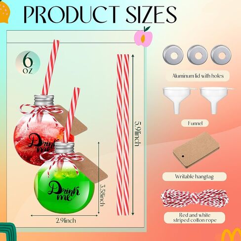 Baderke 30 Pcs 6 oz Plastic Potion Bottles for Drinks Christmas Ornament Drink Balls with Straw and Tags Plastic Refillable Cocktail Decorate Ball(Silver,Drink Me) in Saudi Arabia