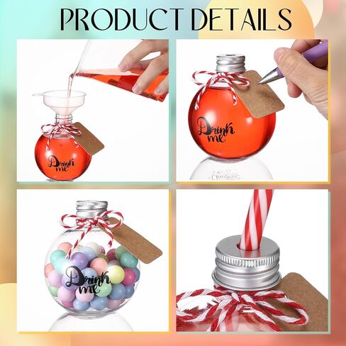 Baderke 30 Pcs 6 oz Plastic Potion Bottles for Drinks Christmas Ornament Drink Balls with Straw and Tags Plastic Refillable Cocktail Decorate Ball(Silver,Drink Me) in Saudi Arabia