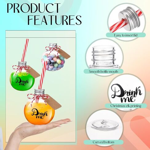 Baderke 30 Pcs 6 oz Plastic Potion Bottles for Drinks Christmas Ornament Drink Balls with Straw and Tags Plastic Refillable Cocktail Decorate Ball(Silver,Drink Me) in Saudi Arabia