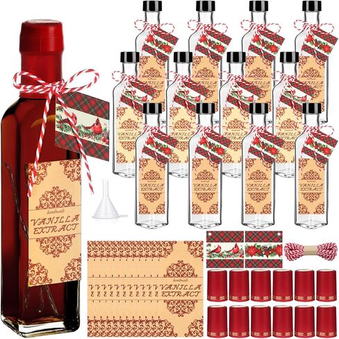 Tioncy 12 Set Vanilla Extract Bottles for Homemade 5 oz Amber Glass Bottle Square Vanilla Jar for Syrup Gifts with Cap Shrink Band Hummingbird Sticker Syrup Food Storage Gifts Giving for Christmas in Saudi Arabia