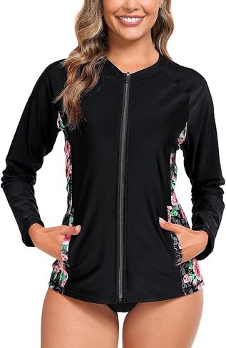 بدلة سباحة نسائية Halcurt بسحاب كامل وأكمام طويلة من Rash Guard مع جيوب UPF50+ بدلة سباحة سريعة الجفاف in Saudi Arabia