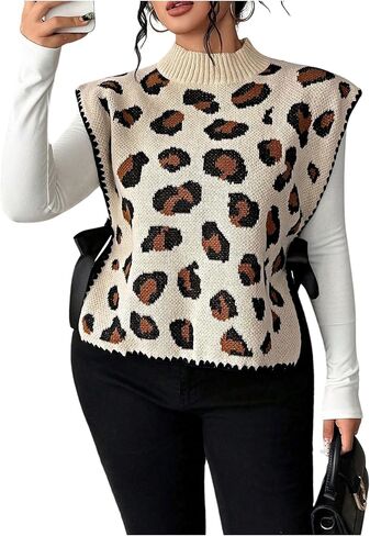 Milumia المرأة حجم كبير ليوبارد طباعة وهمية الرقبة سترة سترة ربطة القوس فيونكة الجانب أكمام متماسكة تانك القمم in Kuwait