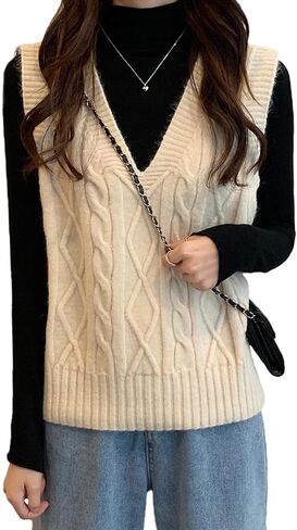 Women's V-Neck Knit Vest - Sleeveless Casual Simple Top for Autumn/Winter Layering in Saudi Arabia
