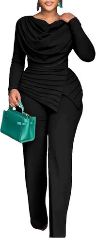 CHICME Women's Fall Jumpsuit Long Sleeve Jumpsuit Dressy Cowl Neck Asymmetrical Hem Overall Zipper Back One Piece Outfit in Saudi Arabia