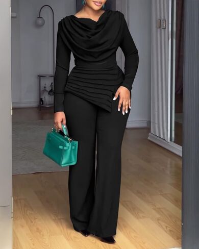 CHICME Women's Fall Jumpsuit Long Sleeve Jumpsuit Dressy Cowl Neck Asymmetrical Hem Overall Zipper Back One Piece Outfit in Saudi Arabia