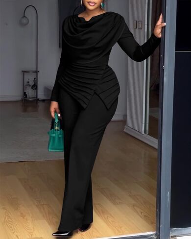 CHICME Women's Fall Jumpsuit Long Sleeve Jumpsuit Dressy Cowl Neck Asymmetrical Hem Overall Zipper Back One Piece Outfit in Saudi Arabia