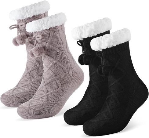 Foaincore 2 Pcs Slipper Socks for Women Sherpa Fuzzy Socks Non Slip Winter Warm Soft Home Fleece-lined Gripper Socks in Saudi Arabia
