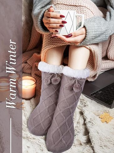 Foaincore 2 Pcs Slipper Socks for Women Sherpa Fuzzy Socks Non Slip Winter Warm Soft Home Fleece-lined Gripper Socks in Saudi Arabia