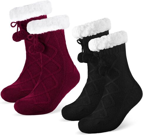 Foaincore 2 Pcs Slipper Socks for Women Sherpa Fuzzy Socks Non Slip Winter Warm Soft Home Fleece-lined Gripper Socks in Saudi Arabia