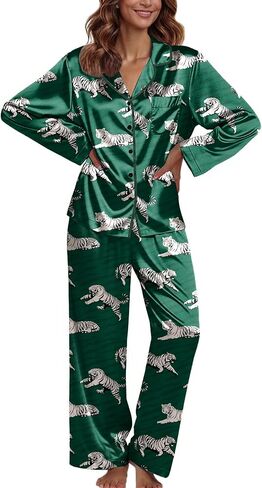 Ekouaer Pajamas For Women Set Silk Pjs 2 Piece Satin Sleepwear Long Sleeve Button Down Lounge Sets With Pant in Kuwait