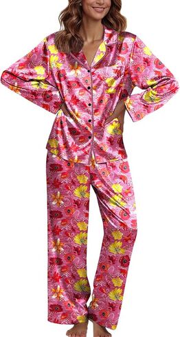 Ekouaer Pajamas For Women Set Silk Pjs 2 Piece Satin Sleepwear Long Sleeve Button Down Lounge Sets With Pant in Kuwait