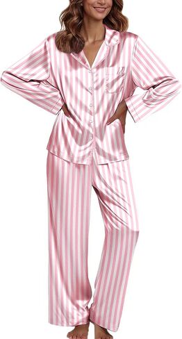 Ekouaer Pajamas For Women Set Silk Pjs 2 Piece Satin Sleepwear Long Sleeve Button Down Lounge Sets With Pant in Kuwait