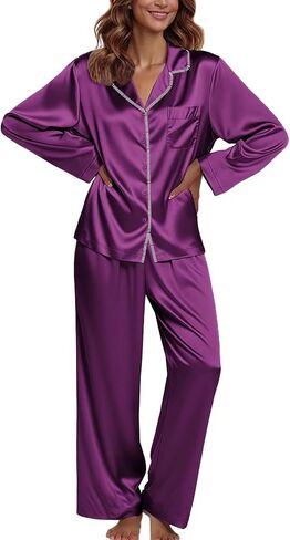 Ekouaer Pajamas For Women Set Silk Pjs 2 Piece Satin Sleepwear Long Sleeve Button Down Lounge Sets With Pant in Kuwait
