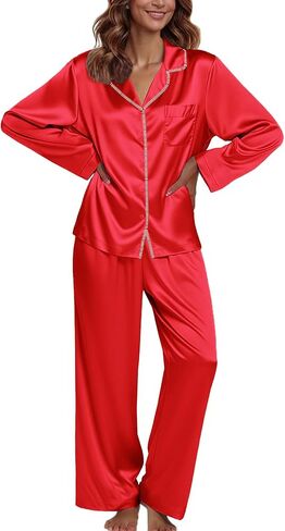 Ekouaer Pajamas For Women Set Silk Pjs 2 Piece Satin Sleepwear Long Sleeve Button Down Lounge Sets With Pant in Kuwait