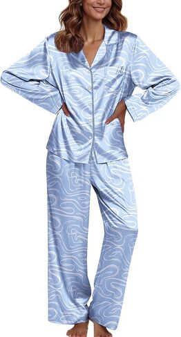 Ekouaer Pajamas For Women Set Silk Pjs 2 Piece Satin Sleepwear Long Sleeve Button Down Lounge Sets With Pant in Kuwait