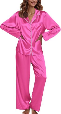 Ekouaer Pajamas For Women Set Silk Pjs 2 Piece Satin Sleepwear Long Sleeve Button Down Lounge Sets With Pant in Kuwait