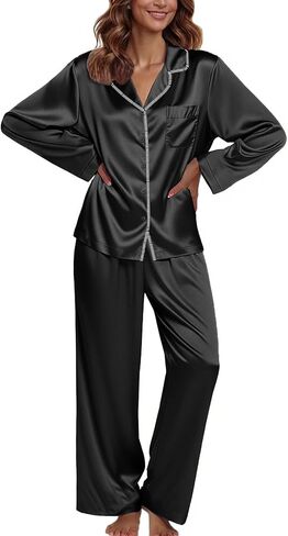 Ekouaer Pajamas For Women Set Silk Pjs 2 Piece Satin Sleepwear Long Sleeve Button Down Lounge Sets With Pant in Kuwait