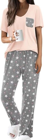 Ekouaer Pajama Sets for Women Short Sleeve Pj Set V Neck Sleepwear Chest Pocket with Long Pants Casual Loose Loungewear in Saudi Arabia