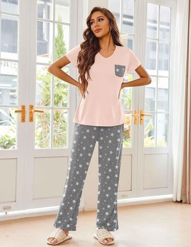 Ekouaer Pajama Sets for Women Short Sleeve Pj Set V Neck Sleepwear Chest Pocket with Long Pants Casual Loose Loungewear in Saudi Arabia