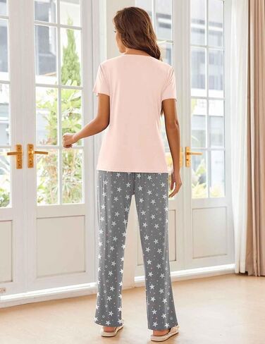 Ekouaer Pajama Sets for Women Short Sleeve Pj Set V Neck Sleepwear Chest Pocket with Long Pants Casual Loose Loungewear in Saudi Arabia