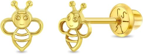 14k Yellow Gold Honey Bee Outline Safety Screw Back Earrings For Toddlers and Little Girls - Sweet Bee Screw Back Earrings For Children in Saudi Arabia