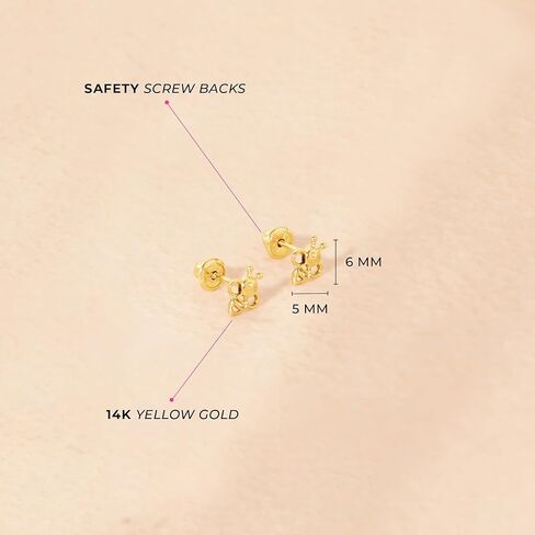 14k Yellow Gold Honey Bee Outline Safety Screw Back Earrings For Toddlers and Little Girls - Sweet Bee Screw Back Earrings For Children in Saudi Arabia