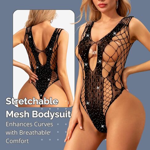 Women's Sexy Fishnet Lingerie Set - Super Stretch Sheer Mesh Teddy Bodysuit with Sparkling Rhinestones, One Size Black in Saudi Arabia