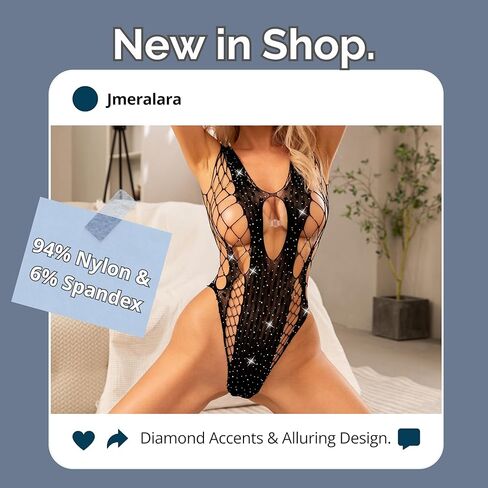 Women's Sexy Fishnet Lingerie Set - Super Stretch Sheer Mesh Teddy Bodysuit with Sparkling Rhinestones, One Size Black in Saudi Arabia