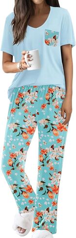Ekouaer Pajama Sets for Women Short Sleeve Pj Set V Neck Sleepwear Chest Pocket with Long Pants Casual Loose Loungewear in Saudi Arabia