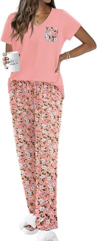 Ekouaer Pajama Sets for Women Short Sleeve Pj Set V Neck Sleepwear Chest Pocket with Long Pants Casual Loose Loungewear in Saudi Arabia