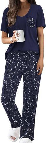 Ekouaer Pajama Sets for Women Short Sleeve Pj Set V Neck Sleepwear Chest Pocket with Long Pants Casual Loose Loungewear in Saudi Arabia