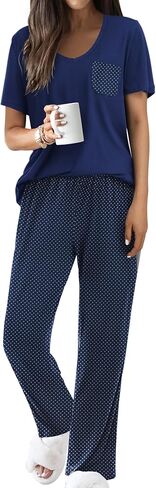 Ekouaer Pajama Sets for Women Short Sleeve Pj Set V Neck Sleepwear Chest Pocket with Long Pants Casual Loose Loungewear in Saudi Arabia