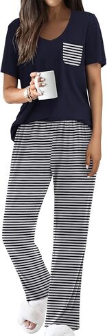 Ekouaer Pajama Sets for Women Short Sleeve Pj Set V Neck Sleepwear Chest Pocket with Long Pants Casual Loose Loungewear in Saudi Arabia