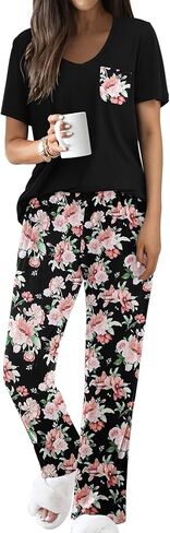 Ekouaer Pajama Sets for Women Short Sleeve Pj Set V Neck Sleepwear Chest Pocket with Long Pants Casual Loose Loungewear in Saudi Arabia