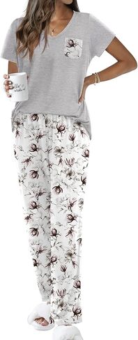 Ekouaer Pajama Sets for Women Short Sleeve Pj Set V Neck Sleepwear Chest Pocket with Long Pants Casual Loose Loungewear in Saudi Arabia