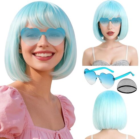 PLULON Green-Red-Gold Bob Wig with Bangs for Women Men, Colorful Short Funny Bob Wigs with Heart Sunglasses and Hair Cap Colored Cosplay Hairpieces for Christmas Halloween Costume Neon Party in Saudi Arabia