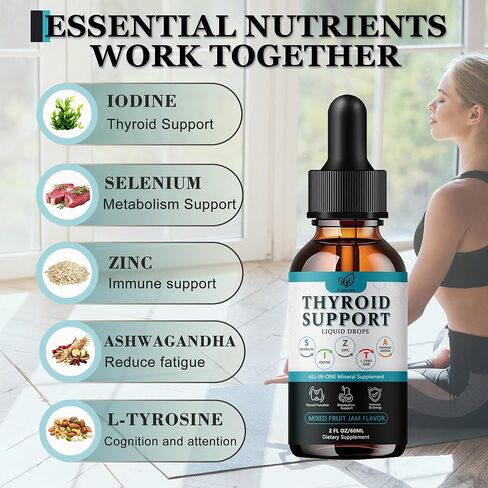 Thyroid Support for Women and Men Liquid Drops，Thyroid Drops with Selenium Zinc Iodine L-Tyrosine Ashwagandha for Energy & Metabolism Support, Hormone Balance,Vegan，Additives Free - 2 Fl. Oz in Saudi Arabia