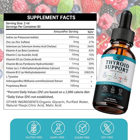 Thyroid Support for Women and Men Liquid Drops，Thyroid Drops with Selenium Zinc Iodine L-Tyrosine Ashwagandha for Energy & Metabolism Support, Hormone Balance,Vegan，Additives Free - 2 Fl. Oz in Saudi Arabia