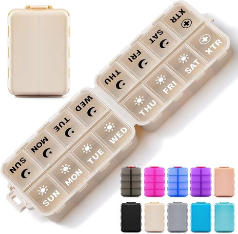 Foldable Weekly Pill Organizer 2 Times a Day with 2 Extra Compartments (Clear Printed Labels) - Portable 7 Day AM PM Medicine Box, Week Daily Travel Pill Case Holder for Vitamin, Supplement - Khaki in Saudi Arabia