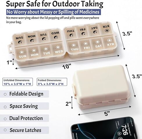 Foldable Weekly Pill Organizer 2 Times a Day with 2 Extra Compartments (Clear Printed Labels) - Portable 7 Day AM PM Medicine Box, Week Daily Travel Pill Case Holder for Vitamin, Supplement - Khaki in Saudi Arabia