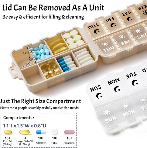 Foldable Weekly Pill Organizer 2 Times a Day with 2 Extra Compartments (Clear Printed Labels) - Portable 7 Day AM PM Medicine Box, Week Daily Travel Pill Case Holder for Vitamin, Supplement - Khaki in Saudi Arabia