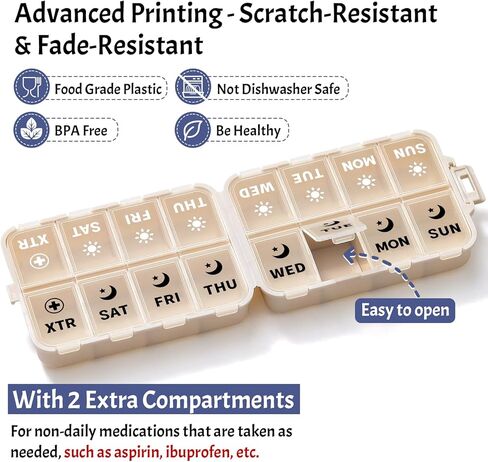 Foldable Weekly Pill Organizer 2 Times a Day with 2 Extra Compartments (Clear Printed Labels) - Portable 7 Day AM PM Medicine Box, Week Daily Travel Pill Case Holder for Vitamin, Supplement - Khaki in Saudi Arabia