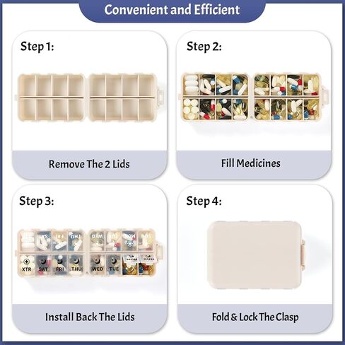Foldable Weekly Pill Organizer 2 Times a Day with 2 Extra Compartments (Clear Printed Labels) - Portable 7 Day AM PM Medicine Box, Week Daily Travel Pill Case Holder for Vitamin, Supplement - Khaki in Saudi Arabia
