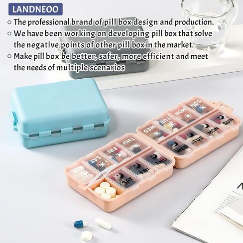 Foldable Weekly Pill Organizer 2 Times a Day with 2 Extra Compartments (Clear Printed Labels) - Portable 7 Day AM PM Medicine Box, Week Daily Travel Pill Case Holder for Vitamin, Supplement - Khaki in Saudi Arabia