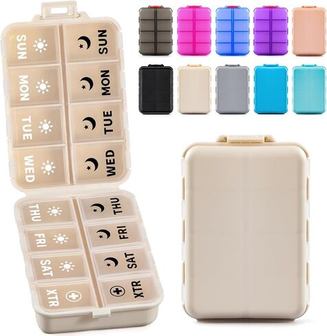 Foldable Weekly Pill Organizer 2 Times a Day with 2 Extra Compartments (Clear Printed Labels) - Portable 7 Day AM PM Medicine Box, Week Daily Travel Pill Case Holder for Vitamin, Supplement - Khaki in Saudi Arabia